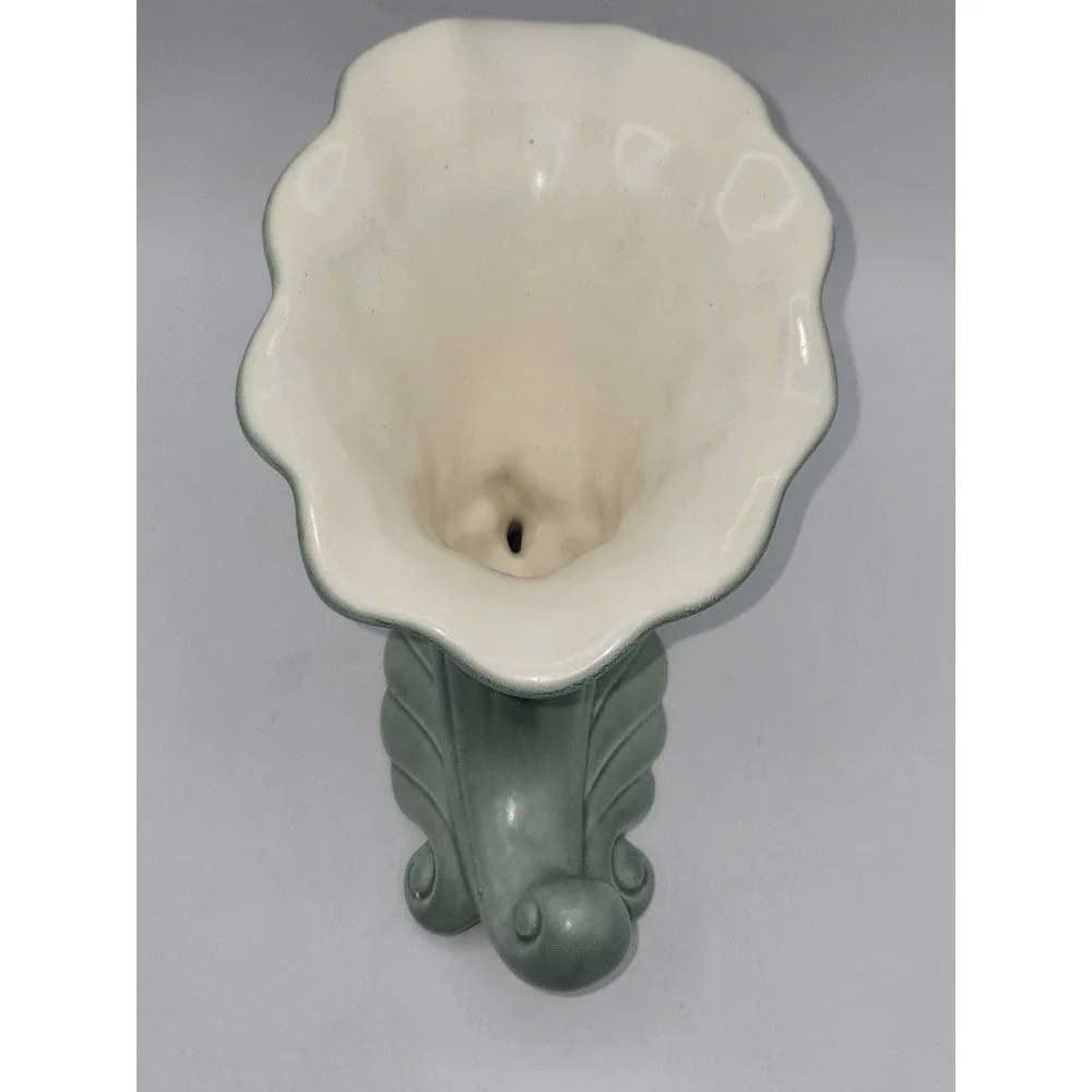 Vintage Red Wing Pottery Matte Green & Cream Cornucopia Vase #1097 Art Deco